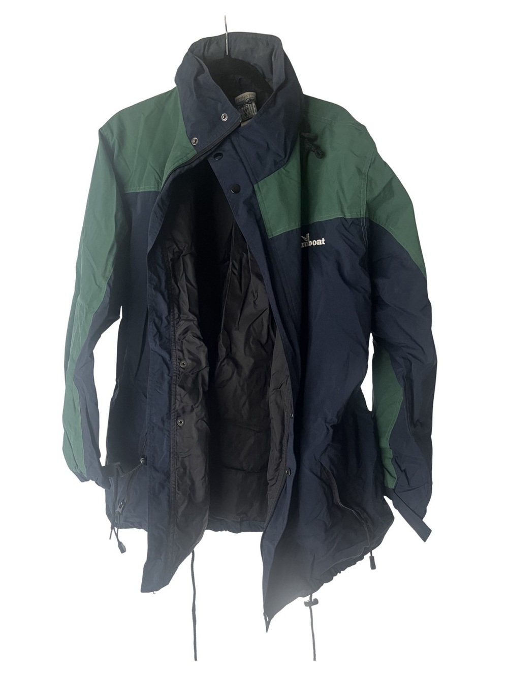 Vintage Steamboat CO Two Tone Green Navy Raincoat Unisex Adjustable Hem Utility